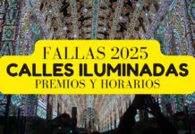 Fallas 2025: Las Calles Iluminadas Más Espectaculares de Valencia (¡Con Horarios y Premios!) Espectacular iluminación en las Calles de Valencia durante las Fallas 2025, con miles de luces de colores decorando el barrio de Ruzafa.